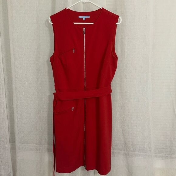 Antonio Melani 12 Red Sleveless Front Zip Belted Suiting Sheath Dress - Picture 1 of 11